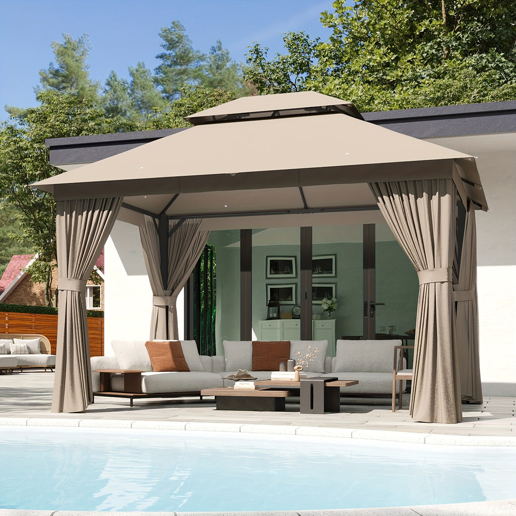 10'x12'/10'x10'/8'x8' Outdoor Gazebo & Pergola for Patio - Double Roof Steel Canopy with Mosquito Net And Privacy Screen, Heavy Duty Party Tent Shelter for Backyard, Lawn, Garden, All-Weather Gazebos with Patio Cover (Grey/Beige/Blue)
