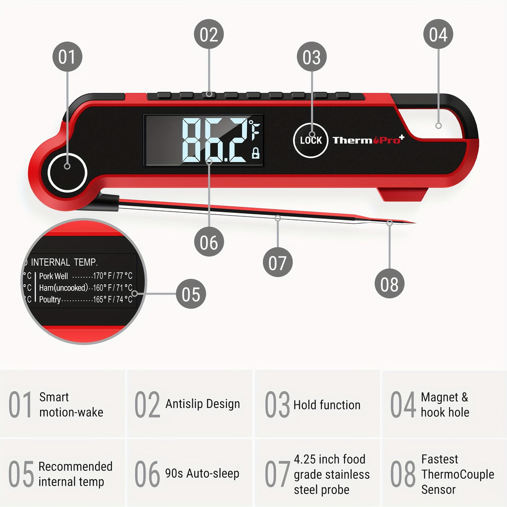 ThermoPro TP620 Instant Read Meat Thermometer Digital, Cooking Thermometer with Large Auto-Rotating LCD Display, Food Thermometer Digital for Kitchen, BBQ, Or Grill