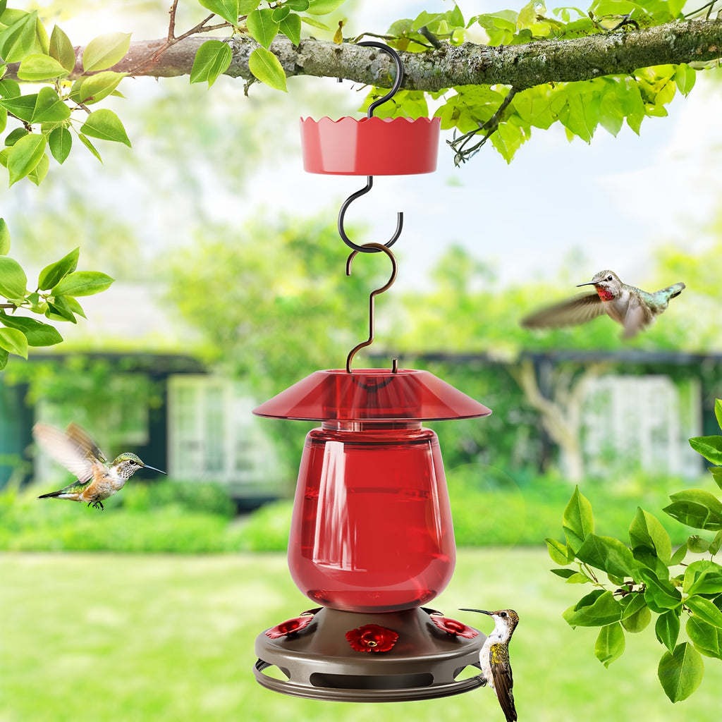 Auslar 16 Ounce Red Glass Hummingbird Feeder, Outdoor Hanging Barn Lantern Shape With 5 Flower Feeding Ports & Built-in Ant Moat, Rustproof & Leakproof - Garden Yard Decor Essential, Perfect Valentine'S Day & Mother'S Day Gift