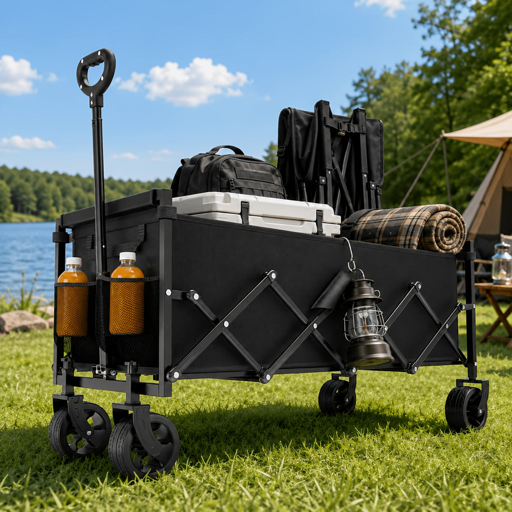 Collapsible Wagon Cart, 550/450/330/220LBS Heavy Duty Folding Utility Wagon with Cup Holders, All-Terrain Wheels Portable Foldable Shopping Cart for Camping Beach Garden Grocery