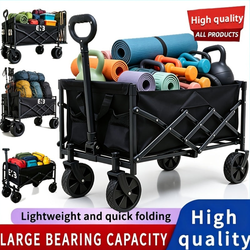 Heavy-Duty All-Terrain Folding Cart For Outdoor Gardens - Stainless Steel Frame With 600D Oxford Fabric, Foldable Multi-Purpose Cart Ideal For Camping, Gardening, Beach, And Shopping - No Assembly Required, Black