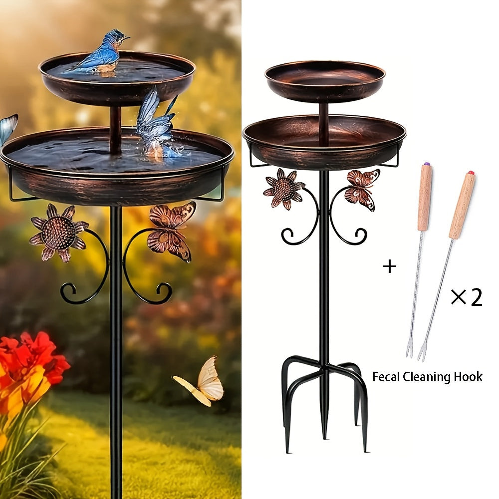 46 Inch Heavy-duty Metal Double-layer Bird Bath Tub -7.9 Feet Plus 12 Inches Double-layer Large Capacity Water Collection Feeding Basin, 5-claw Stable Base, Durable, Courtyard Decoration, Easy To Install And Clean, Multifunctional Bird Feeder
