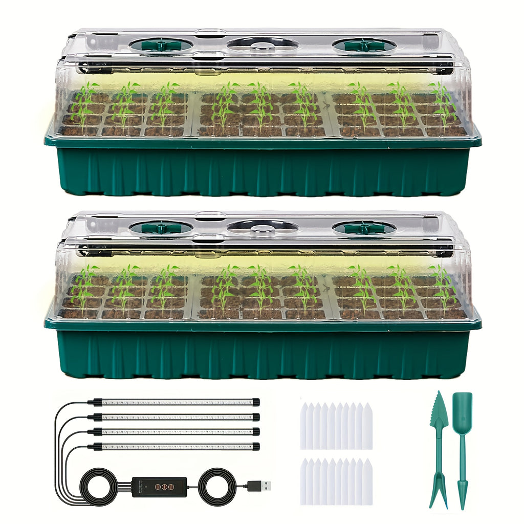 Seed Starter Trays with Grow Lights, 2pcs 72-Compartment Seedling Tray Kit, Plant Starter Kit with Humidity Regulator/Indoor Plant Starter Kit, Red, Blue, And White Spectrum Plant Lights, And Adjustable Brightness Plant Germination Trays.