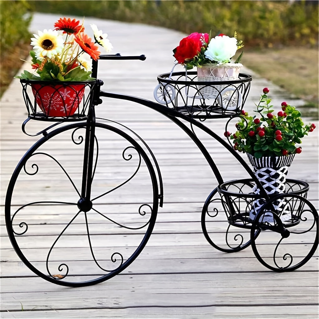 Metal Bicycle Planter 3 Tier Tricycle Flower Plant Stand Parisian Style Flower Display Stand Cart For Home Decor Patio Garden Flower Shop Indoor Outdoor