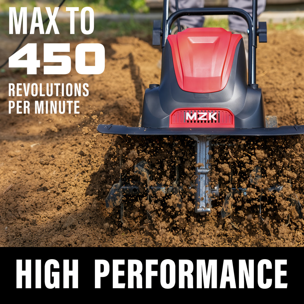 MZK 16-Inch 13-Amp Corded Electric Tiller/Cultivator, 8-inch Tillling Depth with Adjustable Wheels, Foldable Electric Rototiller for Garden Soil Digging