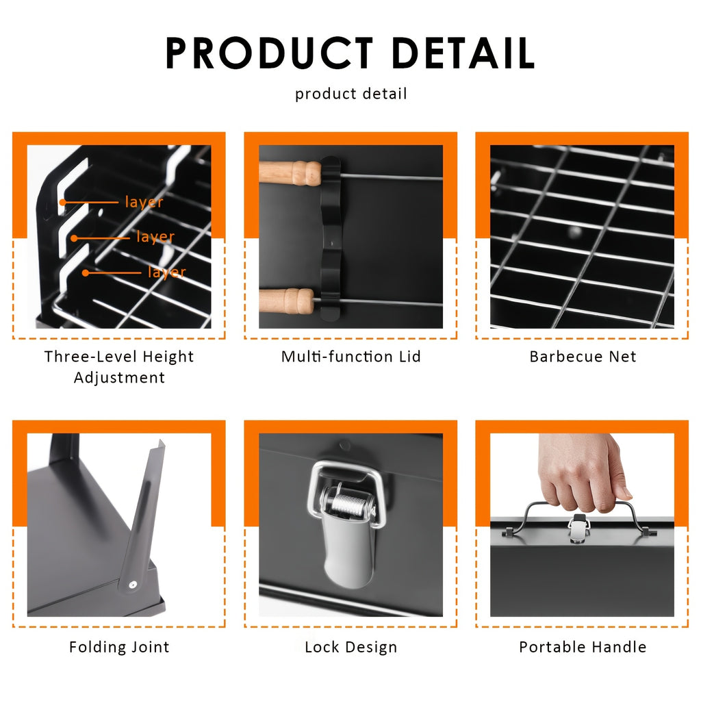 Backyard Buddy, Portable Charcoal Grill with Hood - Compact folding grill for outdoor picnics and backyard cooking, accessories included.