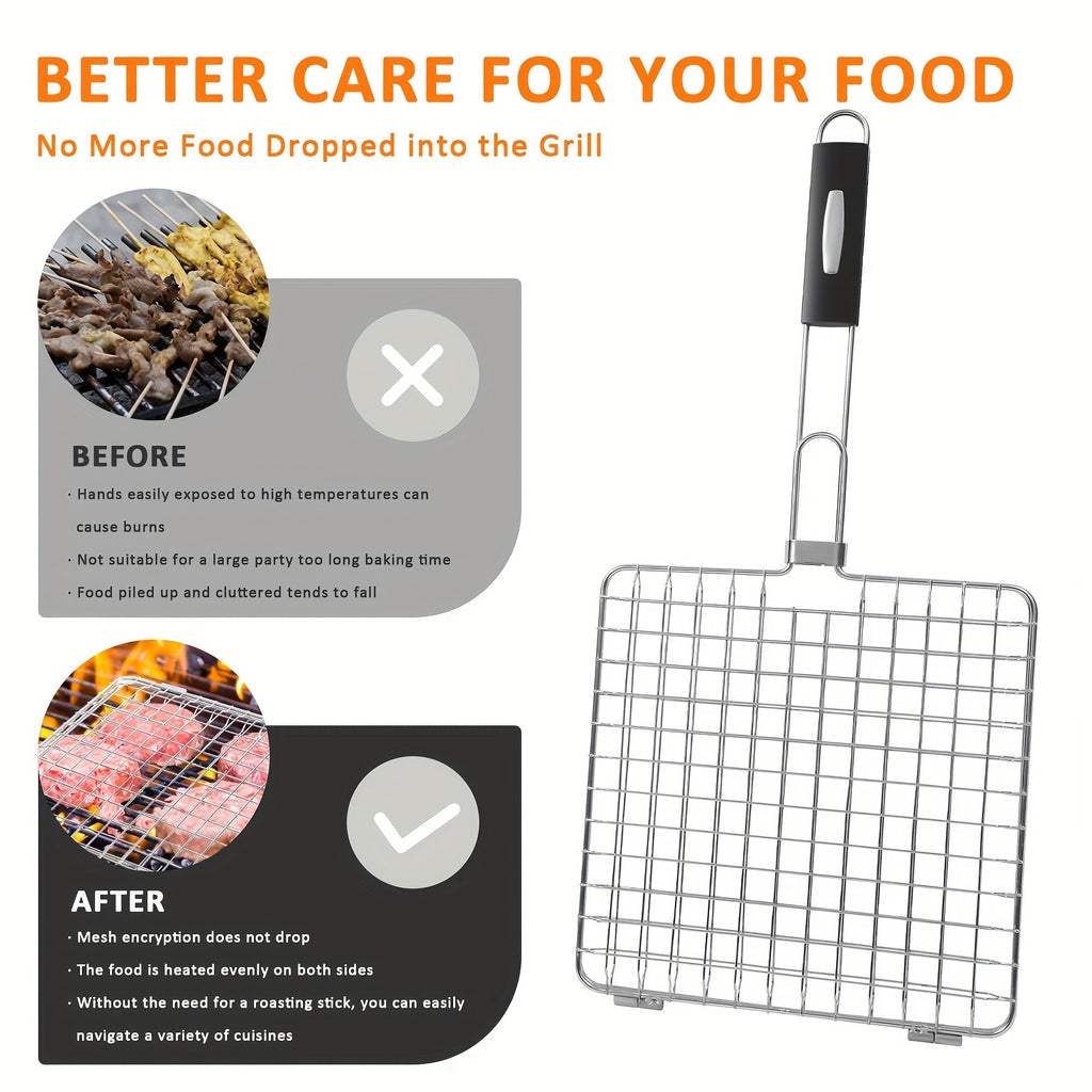 Stainless Steel Folding Barbecue Basket Portable Outdoor Camping Barbecue Accessories Suitable for Chicken, Meat, Fish, Steak, Vegetables, Grilled Skewers, Seafood, Dad Barbecue Gifts