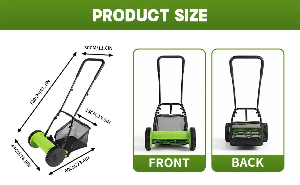Durable Steel Construction, Precision-cut for Perfect Stripes, 12-inch 5-blade Manual Reel Push Mower, High-strength Steel Blades, Grass Catcher, Ergonomic U-shaped Handle, Dual-wheel Design. No Electricity Required, Suitable for Residential
