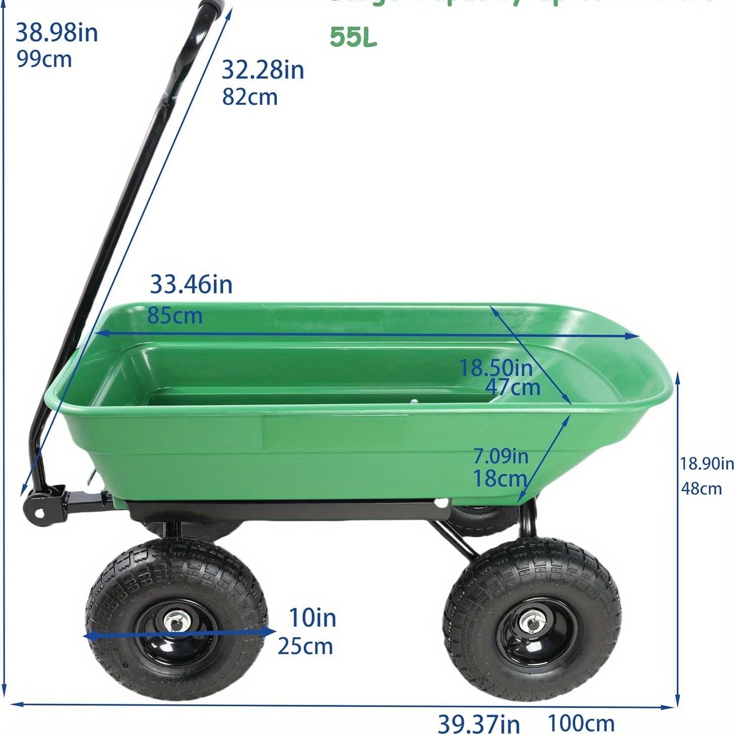 [Heavy-Duty Garden Cart] Heavy-Duty Steel Frame Garden Cart Yard Wagon | 220 Lb. Capacity, Quick-Release Dump Mechanism, All-Terrain 10" Pneumatic Tires - Green, Durable Plastic Body - for Lawn, Farm, Construction