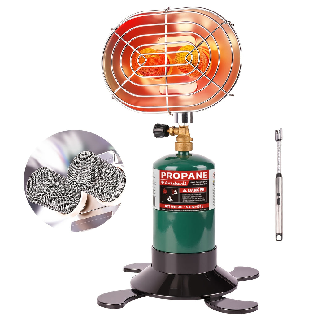 Compact Propane Heater Designed for Outdoor Camping, Offering 6200BTU Power with a Control Valve. This Patio Heater Is Compatible with a 1Lb Propane Gas Tank, Making It Ideal for Tents, Garages, And Fishing Trips