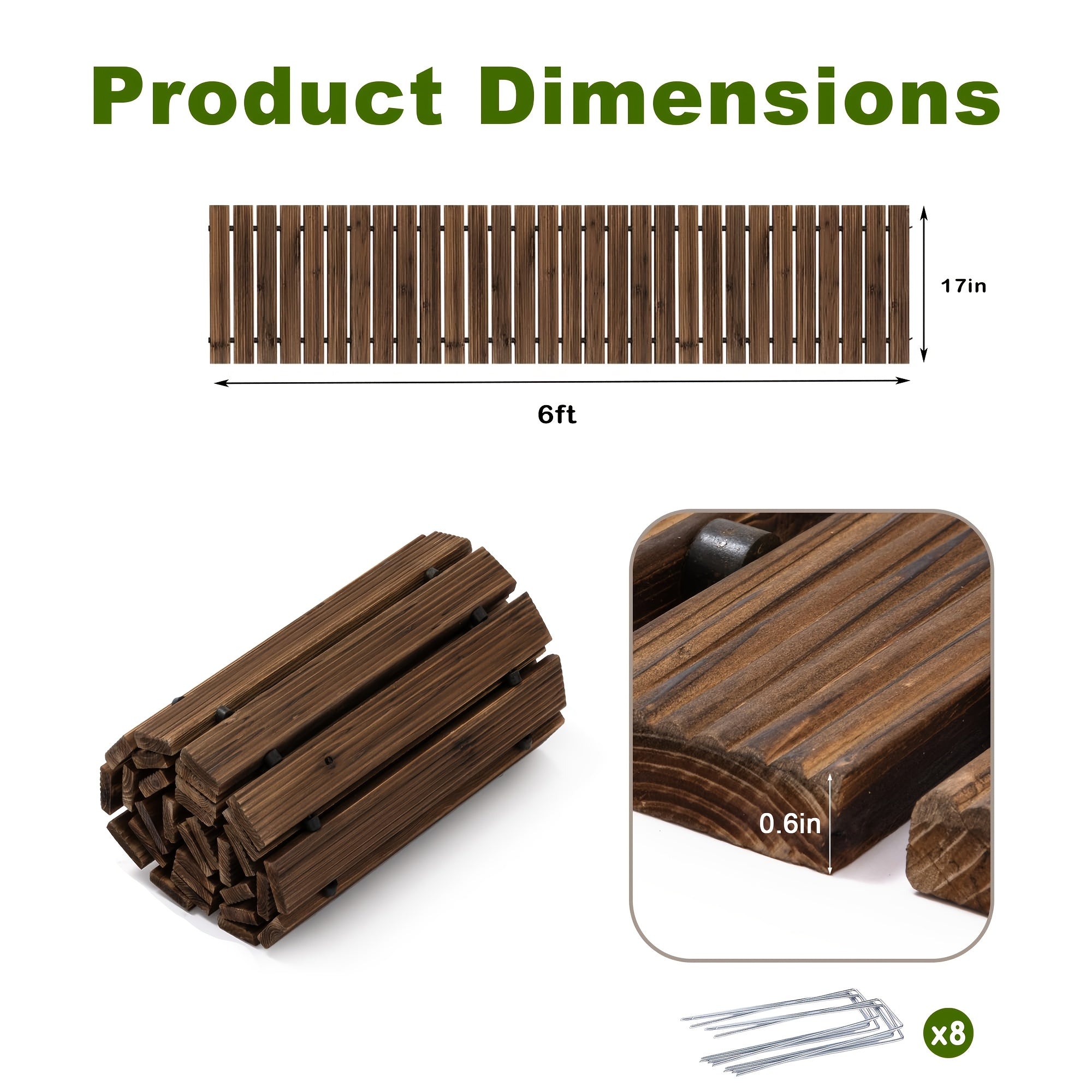 6/8/12FT Wooden Garden Path with Ground Stakes | Outdoor Roll-Out Decorative Patio Pathway Garden Boardwalk Walkway Pavers | Weatherproof Non-Slip Hardwood Pathway Landscape Edging for Backyard, Border Edging For Garden, Flower Bed Border Edging