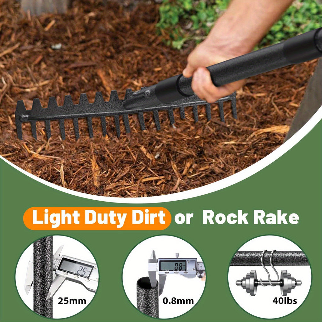 Heavy Duty Adjustable 49/63/77 Inch Garden Rake - 17-Tine Rustproof Metal Leaf Rake for Loosening Soil, Gathering Mulch, Leveling Rocks & Thatch - 17" Wide Yard Tool for Grass Care & Outdoor Maintenance