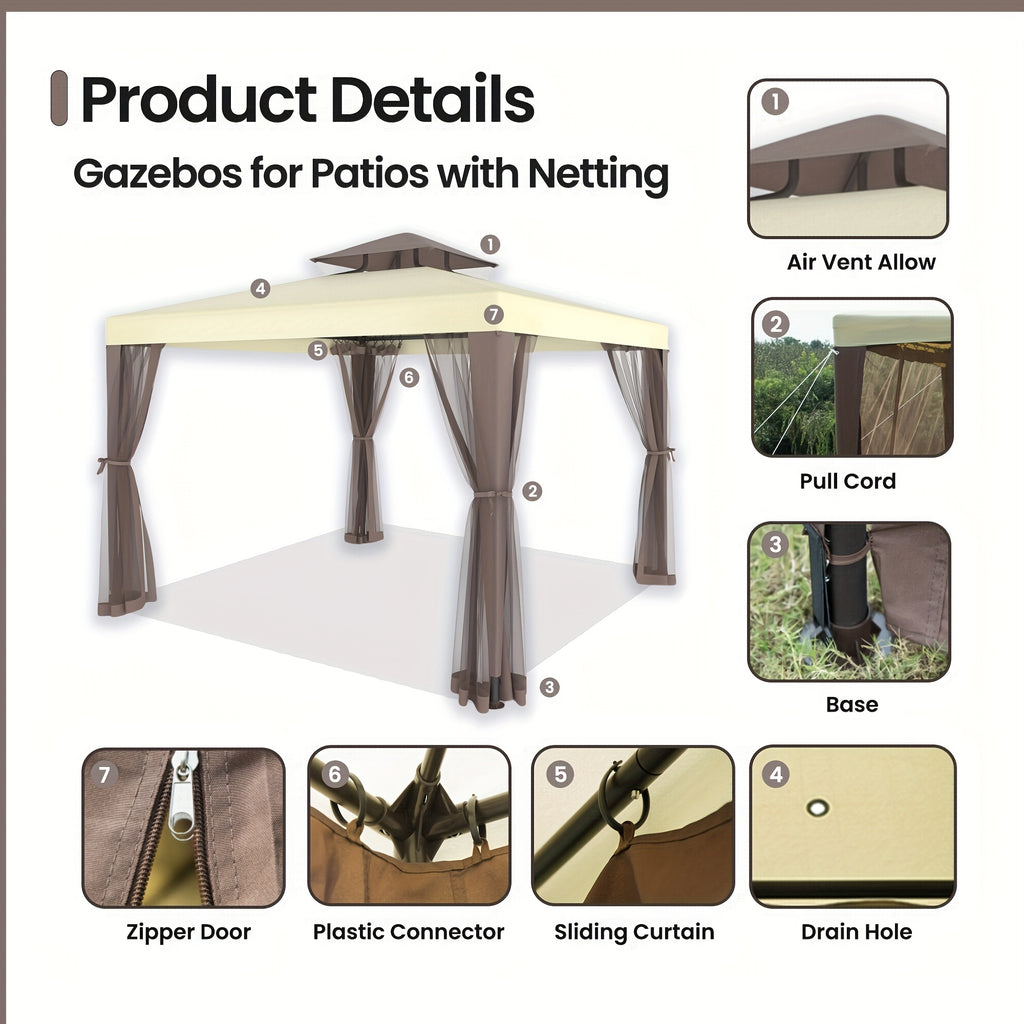Patio Gazebo Tent Outdoor Canopy Shelter 10'x10' with Mosquito Netting with 100 Square Feet of Shade for Garden, Backyard Deck and Lawns, Party Canopy Gazebo Tent
