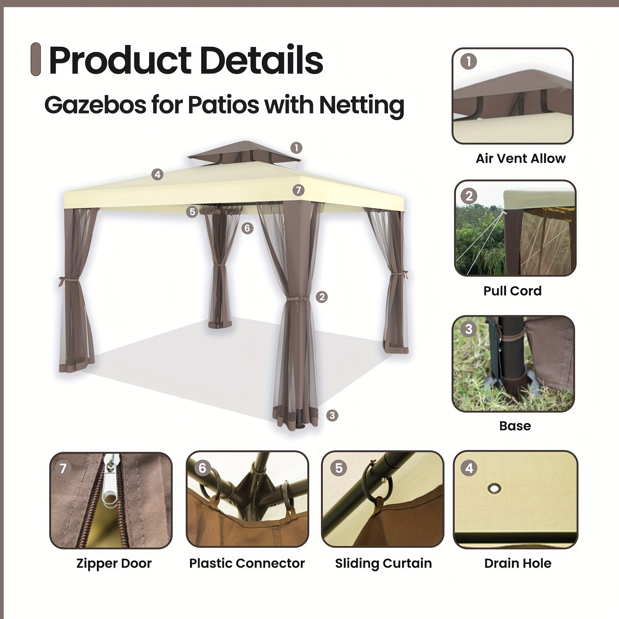 Patio Gazebo Tent Outdoor Canopy Shelter 10'x10' with Mosquito Netting with 100 Square Feet of Shade for Garden, Backyard Deck and Lawns, Party Canopy Gazebo Tent