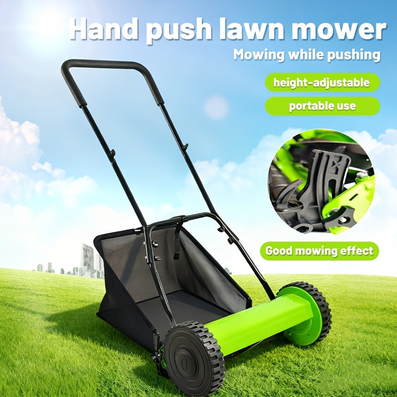 Durable Steel Construction, Precision-cut for Perfect Stripes, 12-inch 5-blade Manual Reel Push Mower, High-strength Steel Blades, Grass Catcher, Ergonomic U-shaped Handle, Dual-wheel Design. No Electricity Required, Suitable for Residential