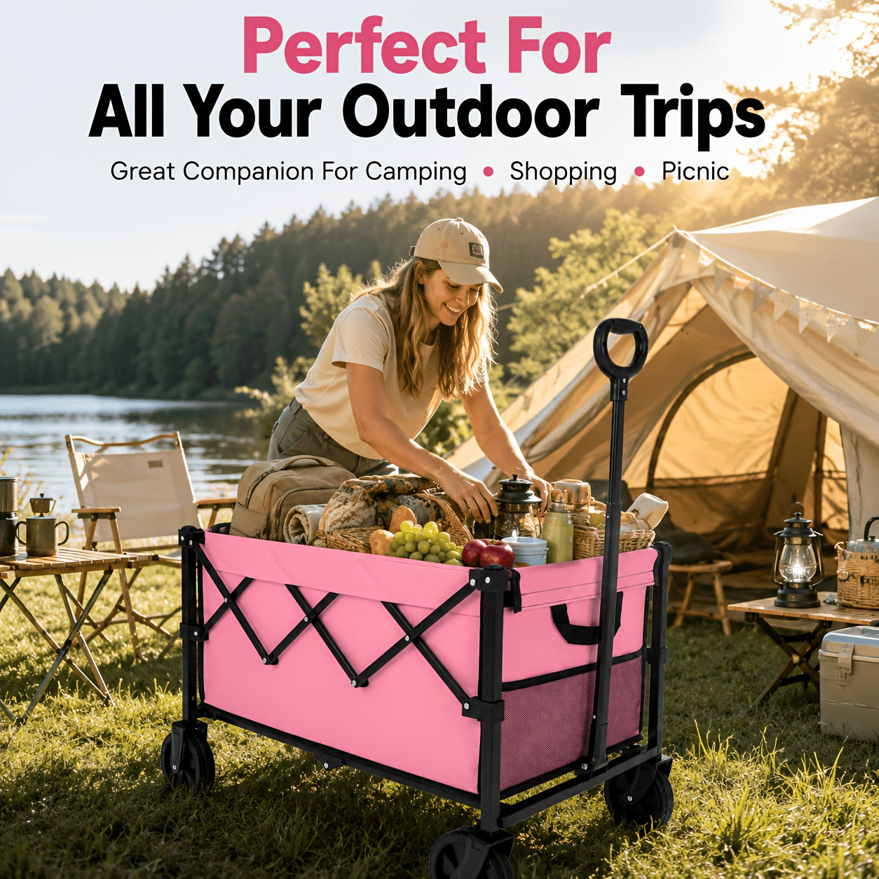 Pink Foldable Wagon Cart, Heavy Duty Collapsible Utility Wagon with Adjustable Handle & All-Terrain Wheels, Perfect for Camping, Picnic, Beach Days, Shopping And Outdoor Activities