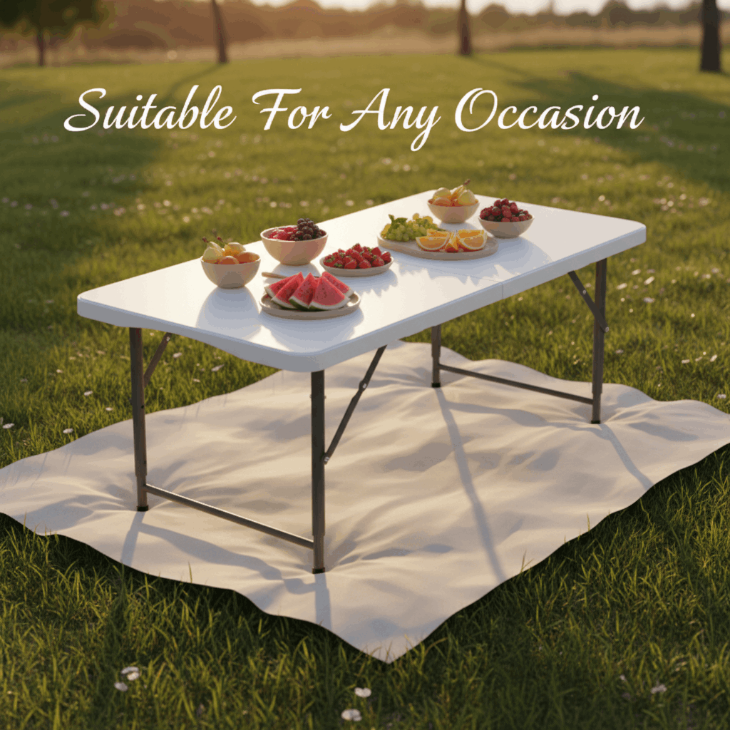 4 FT Plastic Folding Camping Table, 3-Level Adjustable Height Portable Table, HDPE Indoor Outdoor Table for Party, Picnic, Dining, Garden & Party Activities, White