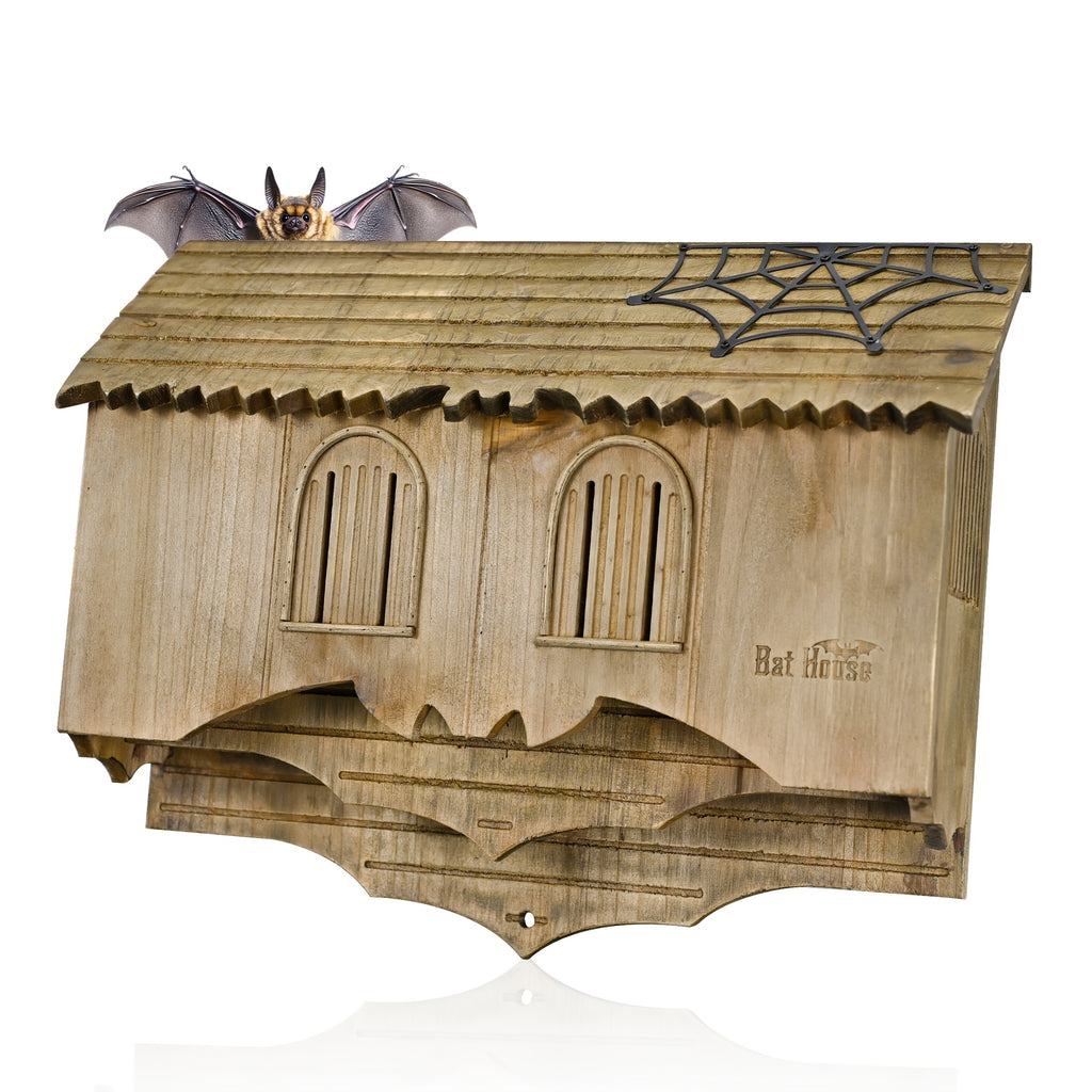 A Wooden Bat House Designed Like a Castle, Featuring a Gatehouse, Tower, And Curtain Wall. This Spacious Bat Box Has 2/3 Chambers for Ventilation, Making It Perfect for Attracting Bats Outdoors And Is Easy to Install