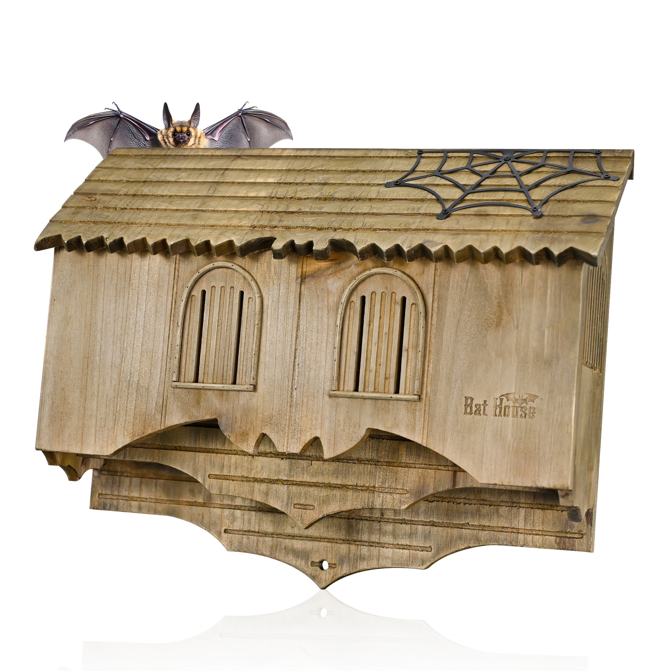 A Wooden Bat House Designed Like a Castle, Featuring a Gatehouse, Tower, And Curtain Wall. This Spacious Bat Box Has 2/3 Chambers for Ventilation, Making It Perfect for Attracting Bats Outdoors And Is Easy to Install