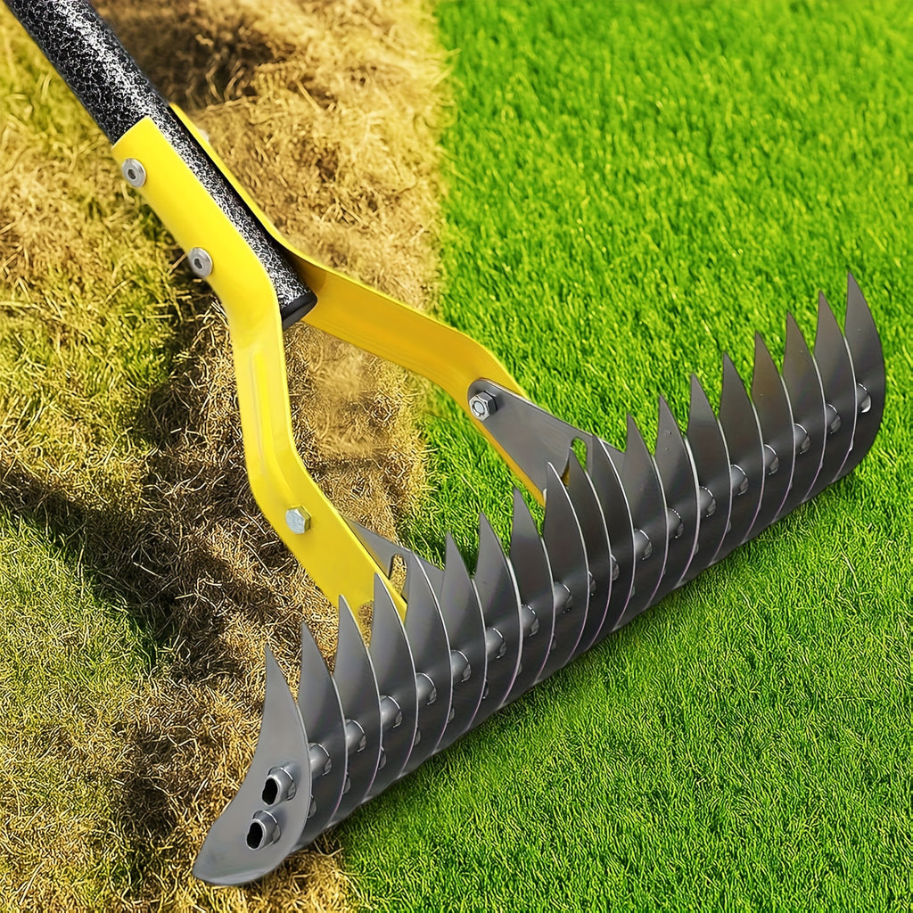 Dual-Action Thatch Rake For Lawn - Efficient 15in Thatching Rake With Sharp Dethatching Blade, Manual Dethatcher & Scarifier Tool For Dead Grass Removal, Soil Loosening, Garden Yard Lawn Care