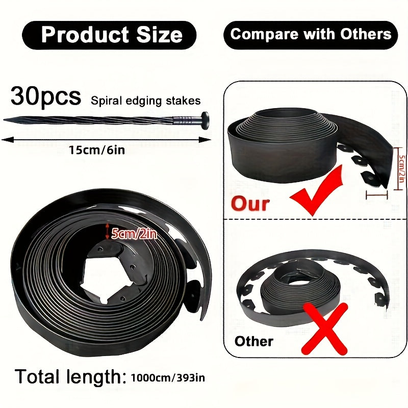 Flexible Garden Boundary Tape Measuring 393.7 Inches, Or 787.4 Inches, Designed for Landscape Edging. This Mini Plastic Fence Comes with 30 Stakes And Is Suitable for Flower Beds in Courtyards