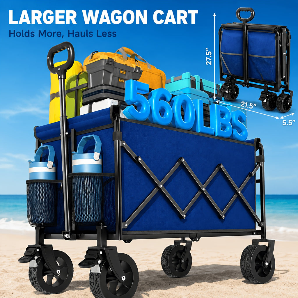 560 LBS Heavy Duty Collapsible Wagon Cart with All-Terrain Wheels, Foldable Outdoor Utility Wagon with 2 Cup Holders for Camping, Beach, Garden, Shopping & Travel