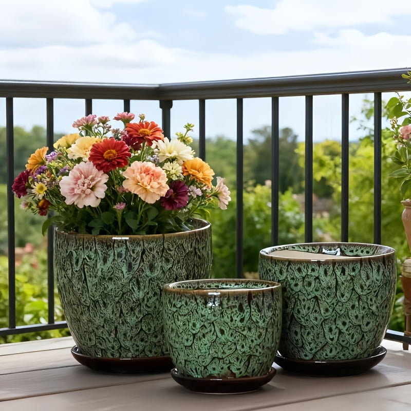 3pcs Bohemian Iridescent High-Temp Ceramic Planters - Small/Medium/ Oval Pots Suitable for Succulents, /Outdoor Pottery with Polished, Modern & Traditional Plant Vases