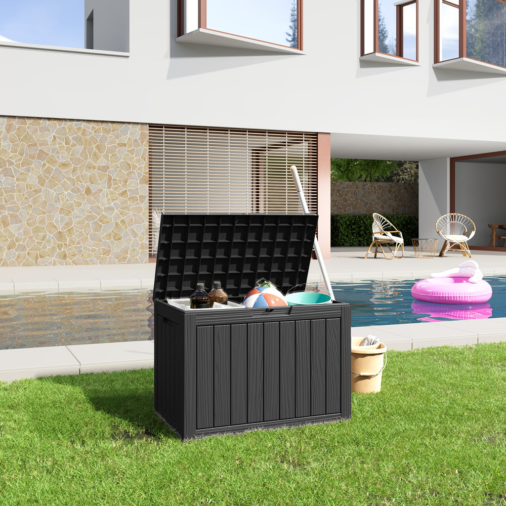 46 Gallon Deck Box WOOD GRAIN Outdoor Storage Box, Weatherproof and UV Resistant, Resin Package & Storage with Lockable Lid for Furniture Cushions, Pool Accessories, Garden Tools – Perfect Holiday gift for Halloween, Christmas, Thanksgiving, Box