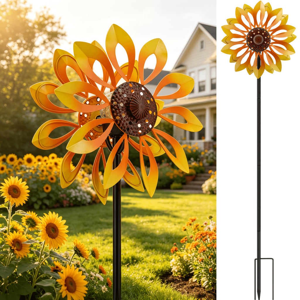 Outdoor Patio Landscape Decor, Solar Powered Metal Sunflower Wind Spinner with Night Glow Light, Collects Sun Energy During The Day And Shines After Dark, Weatherproof Kinetic Rotation Design for Garden Yard Lawn Decorative Ornament