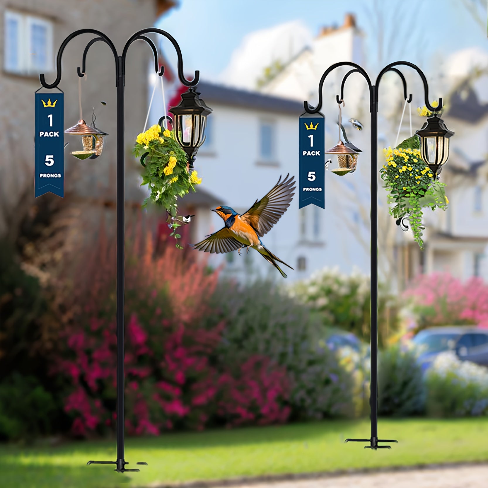 Pro 88"/80.9in Shepherd Hook - Windproof Anti-Tip Base & 4 Heavy-Duty Hooks (for Planters, String Lights, Wedding Arch Decor)