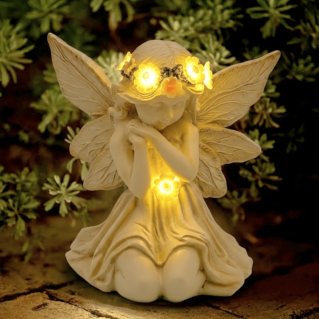 Solar Angel Garden Statue, Outdoor Lawn Decor Figurine Light, Resin Flower Sculptures with LED Lights, Art Housewarming Ornament Gift for Yard Fairy Backyard Lawn Patio Porch Balcony
