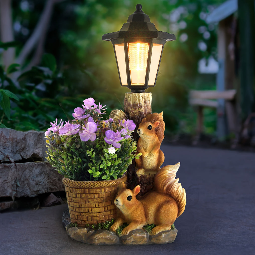 Outdoor Squirrels Flowerpot Garden Statues Sculpture Figurine Decor Solar Powered Light Planter Succulent(not Include Artificial Flowers) Valentine's Day Gifts Decorations