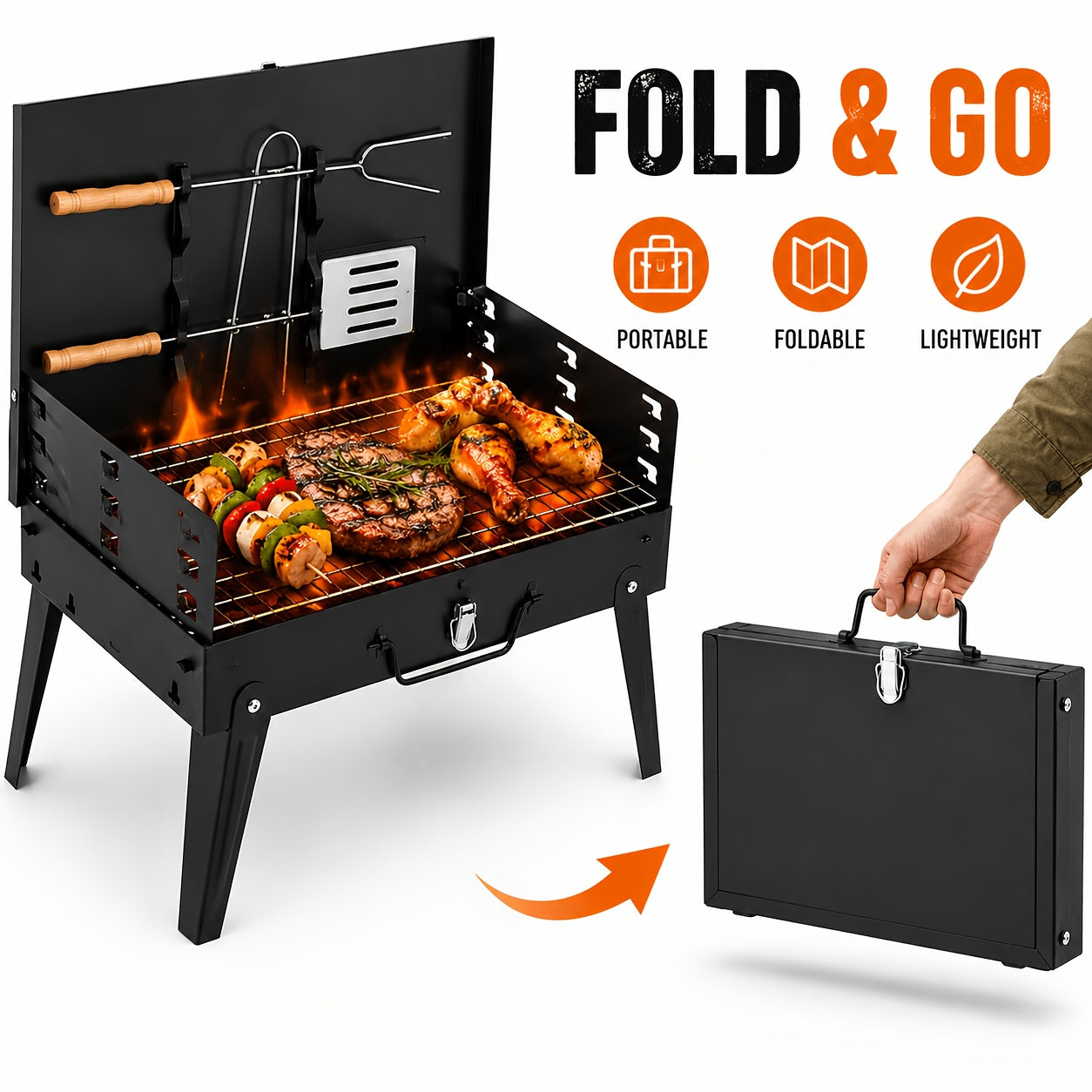 Portable BBQ Charcoal Grill - Compact Folding Cast Iron Grill Suitable for Wood/Charcoal/Pellet Fuel, Lightweight Outdoor & Barbecue Grill for Camping, Picnics, Tailgating, Beach, Backyard Parties - No Assembly Required, Cooking Area <400sqin