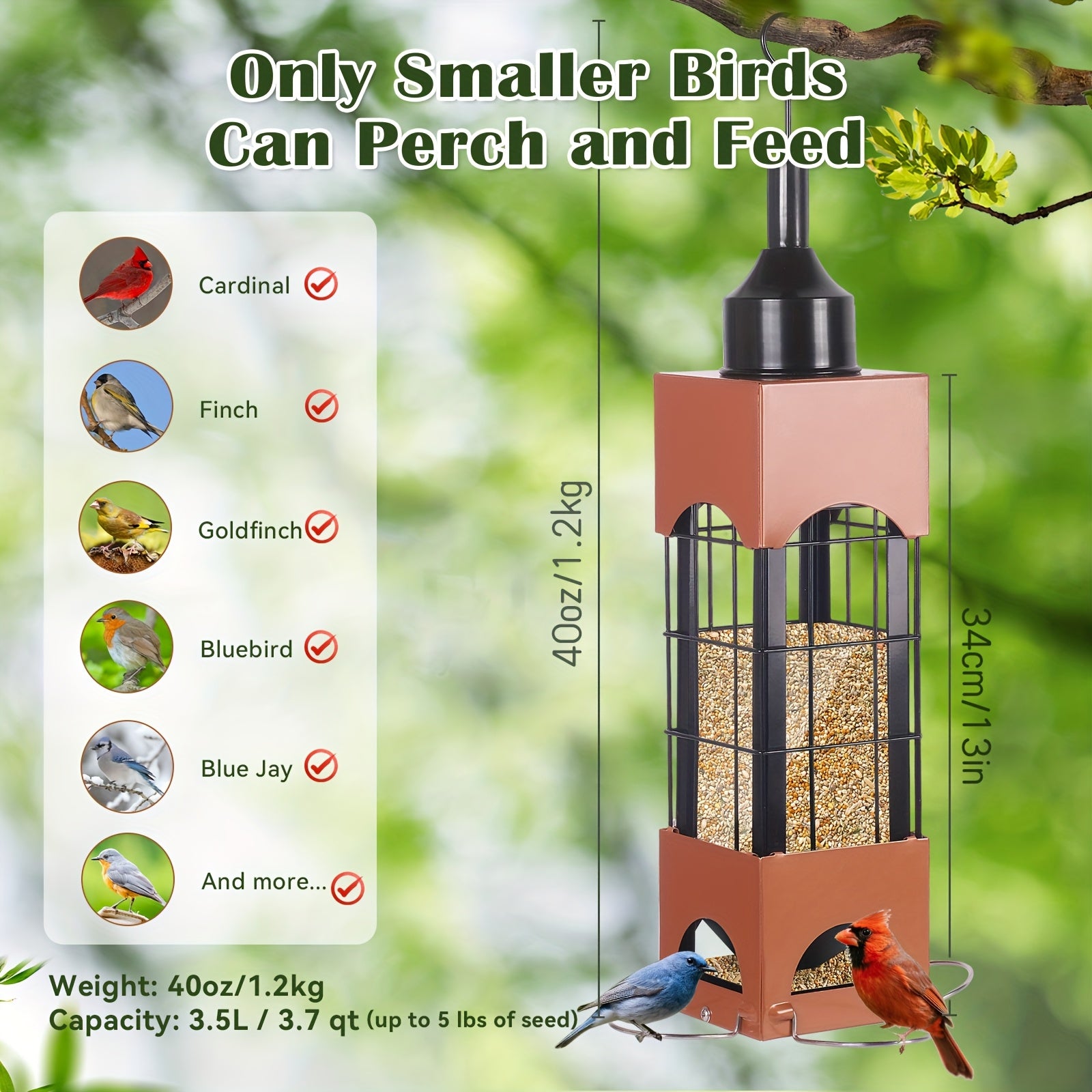 Squirrel-Proof Bird Feeders for Outdoors with Weight-Activated, 5LB Metal Hanging Bird Feeders for Outside, Large Wild Feeders for Cardinals, Chickadees, Durable Backyard Feeders