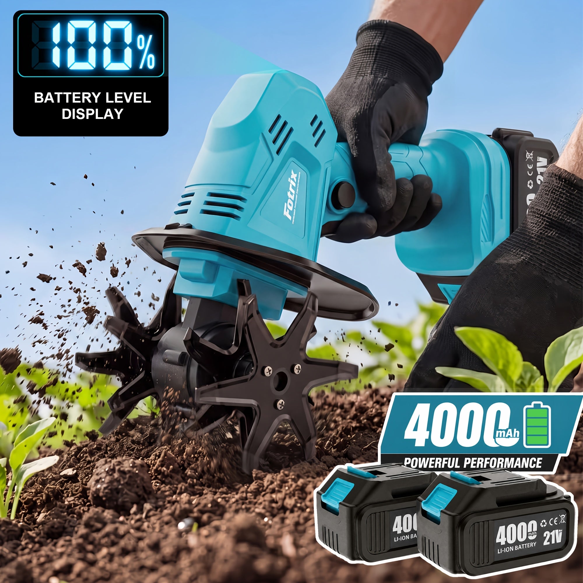 21V Cordless Tiller Cultivator with LCD Display, Short Handle Handheld Garden Tiller, Tillers for Gardening, Multi-Purpose Rototiller for Home Yard Raised Beds, Greenhouse Weed Control, Soil Loosening, Backyard, Flower Beds, Farm