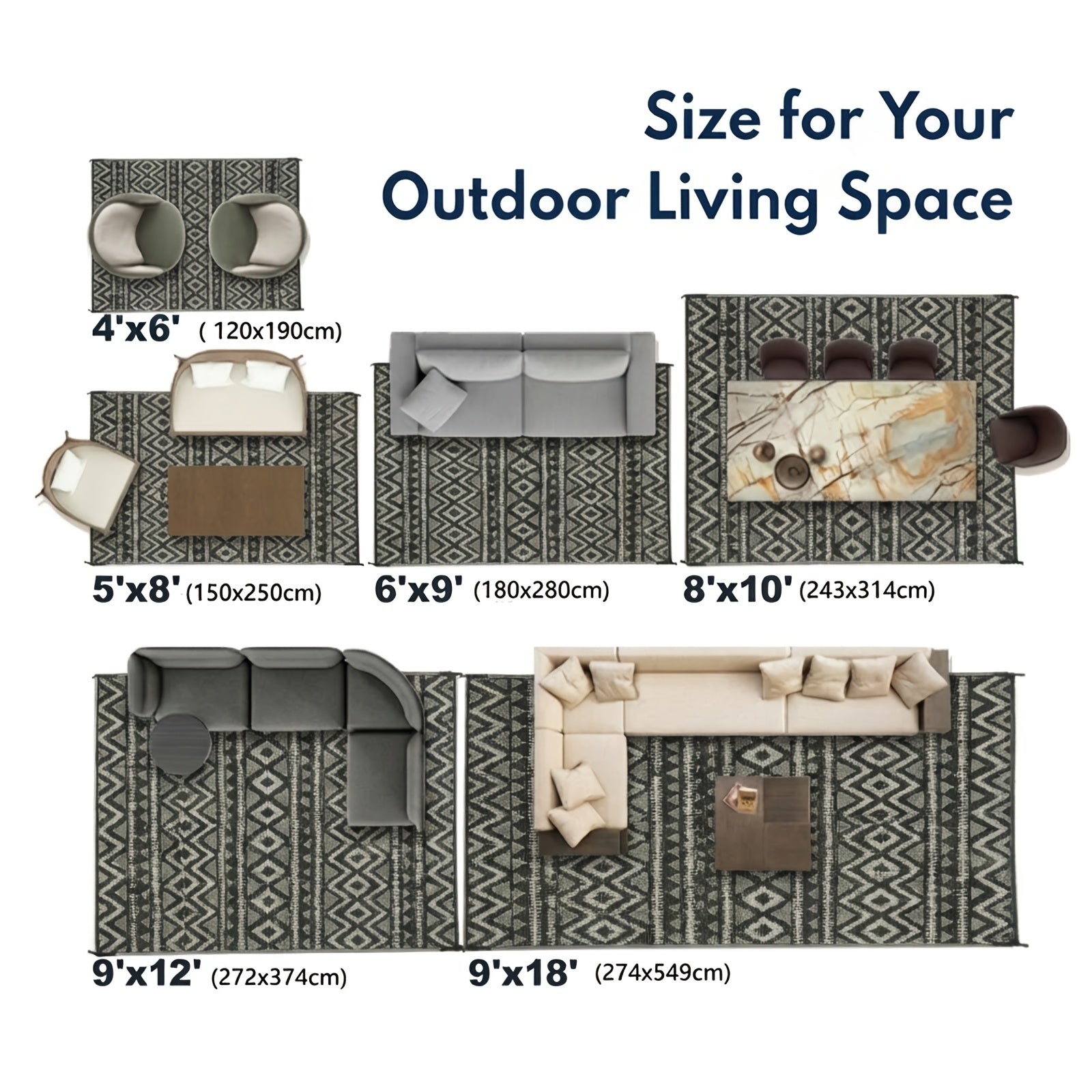 5X8Ft 6X9Ft 8X10Ft 9X12Ft 9X18Ft Outdoor Mat - Reversible Patio Mat, Foldable Picnic Mat, Perfect for Patio, Balcony, RV, Picnics, Camping, Beach, Garden Decor. Multi-Purpose for Families, Friends & Outdoor Enthusiasts, Christmas & Halloween