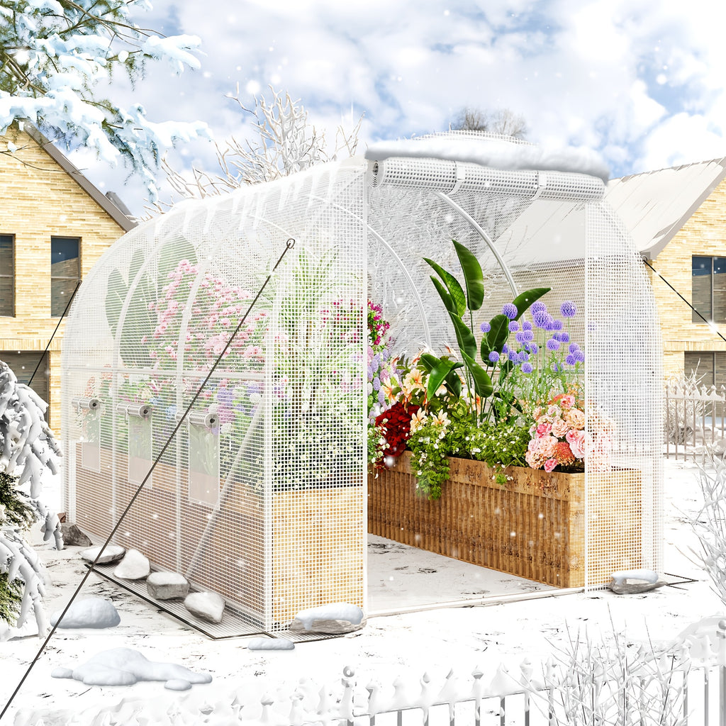 WHONLINE Walk-In Greenhouse for Outddors, Upgraded Green House with Dual Zippered Screen Doors & 6 Screen Windows, Heavy Duty Plastic Plant Warm House with Reinforced Frame (10X6.6X6.6 FT)
