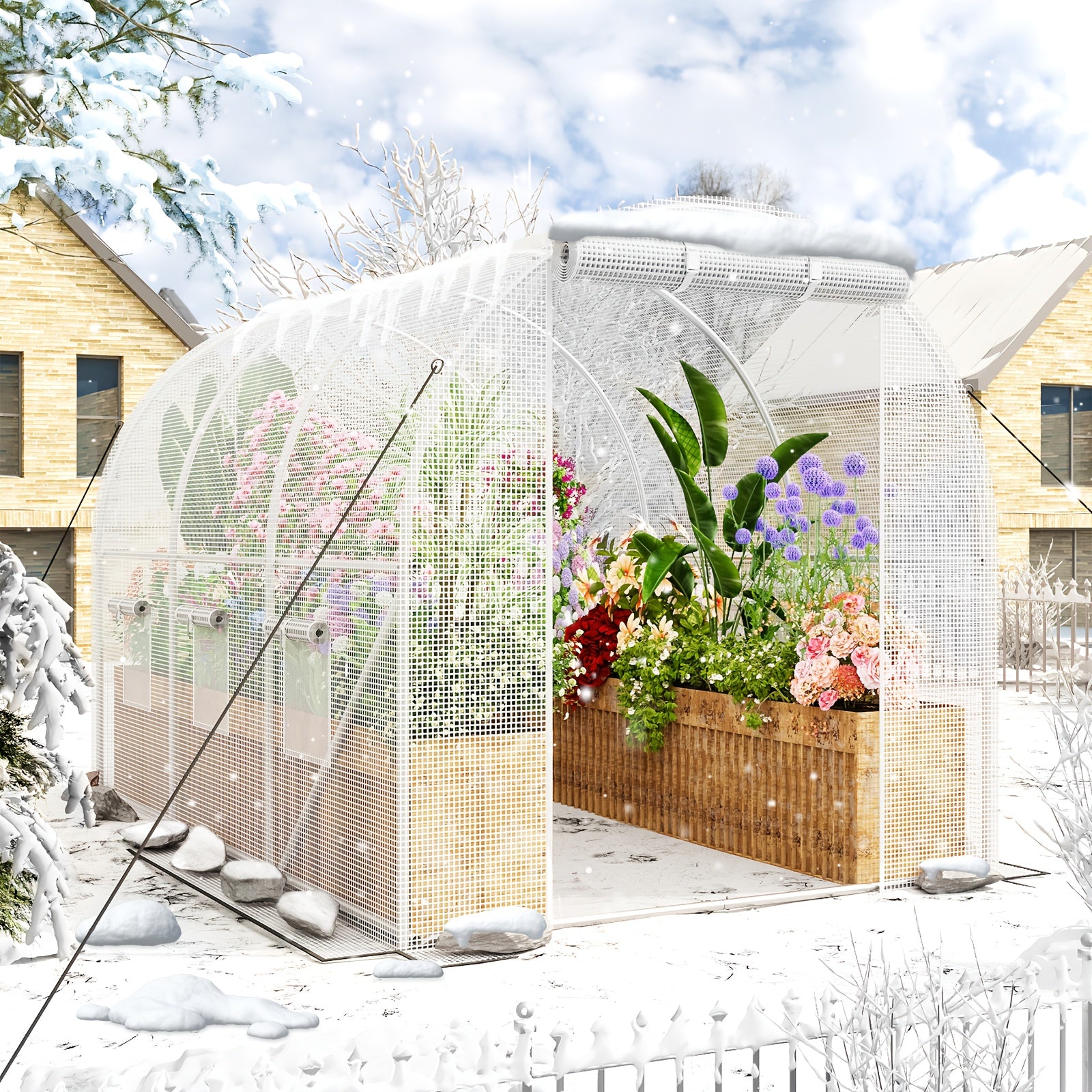 WHONLINE Walk-In Greenhouse for Outddors, Upgraded Green House with Dual Zippered Screen Doors & 6 Screen Windows, Heavy Duty Plastic Plant Warm House with Reinforced Frame (10X6.6X6.6 FT)