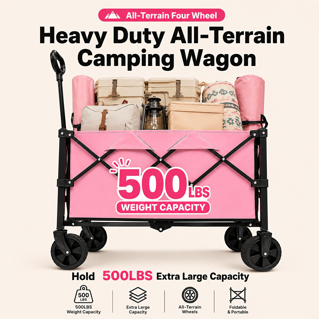 Pink Foldable Wagon Cart, Heavy Duty Collapsible Utility Wagon with Adjustable Handle & All-Terrain Wheels, Perfect for Camping, Picnic, Beach Days, Shopping And Outdoor Activities