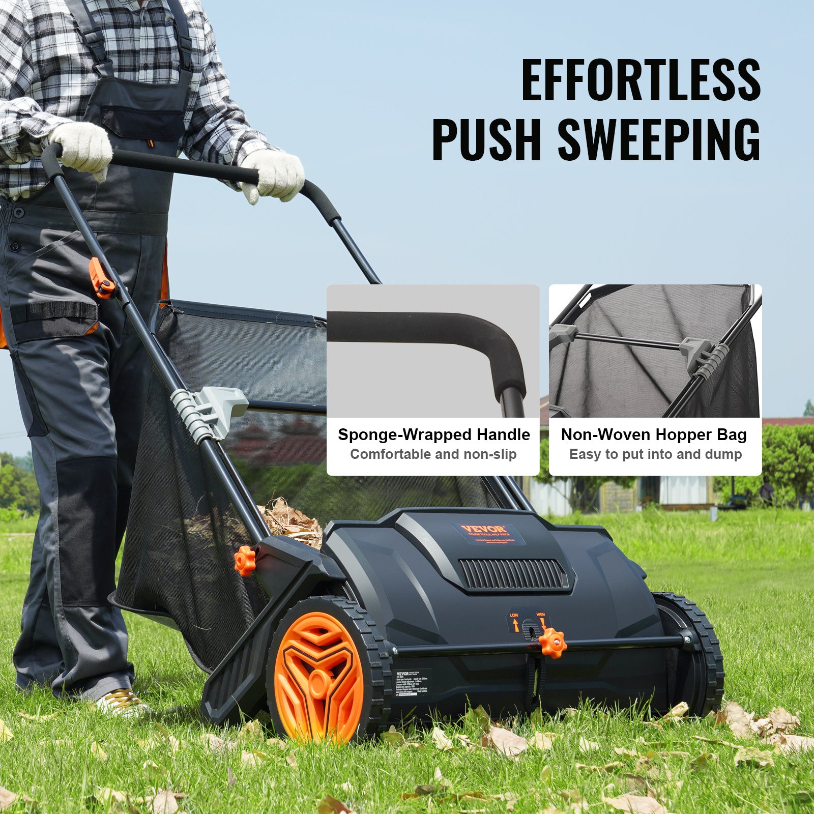 VEVOR Push Lawn Sweeper, 21-inch Leaf & Grass Collector, Strong Rubber Wheels & Heavy Duty Thickened Steel Durable to Use with Large Capacity 3.5 cu. ft. Mesh Collection Bag, 2 Spinning Brushes