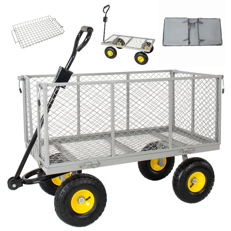 900 LBS Heavy Duty 3-in-1 Garden Cart, Pullable Metal Utility Wagon with Removable Mesh Sides, Flatbed Yard Cart with 10' All Terrain Tires for Farm, Lawn, Gardening & Outdoor Hauling