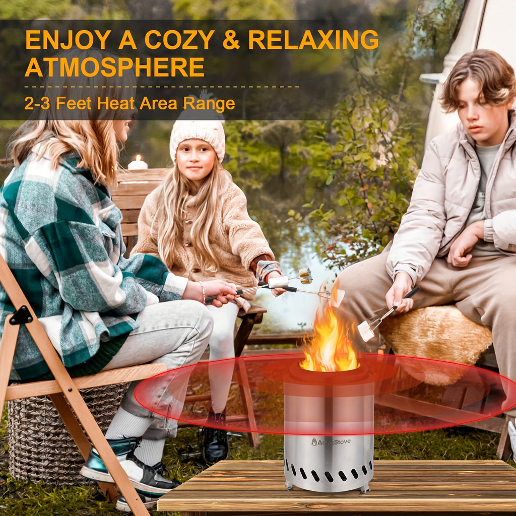 9.7 X 7 Inch Large Tabletop Fire Pit, Low Smoke Camping Stove for Outdoor & Patio, Fueled By Pellets Or Wood, Safe Burning Table Top Firepit, with Travel Bag & 2 Mini Sticks, Silvery