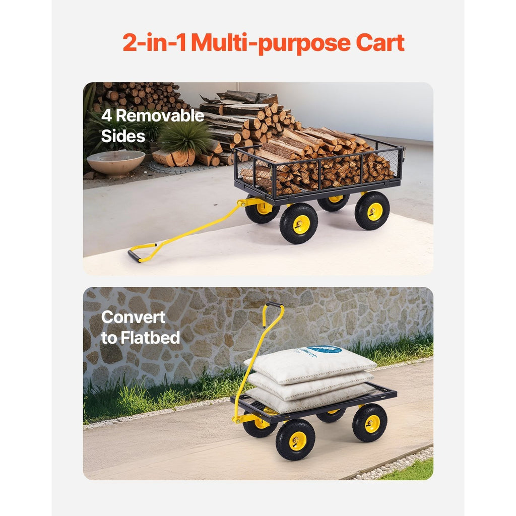Vevor 500/1200/1400 Lbs Steel Garden Cart, Heavy Duty Pullable Cart with Wheels for Garden, Metal Yard Utility Wagon with 10" All Terrain Tires, Removable Mesh Sides and 180° Rotating Handle