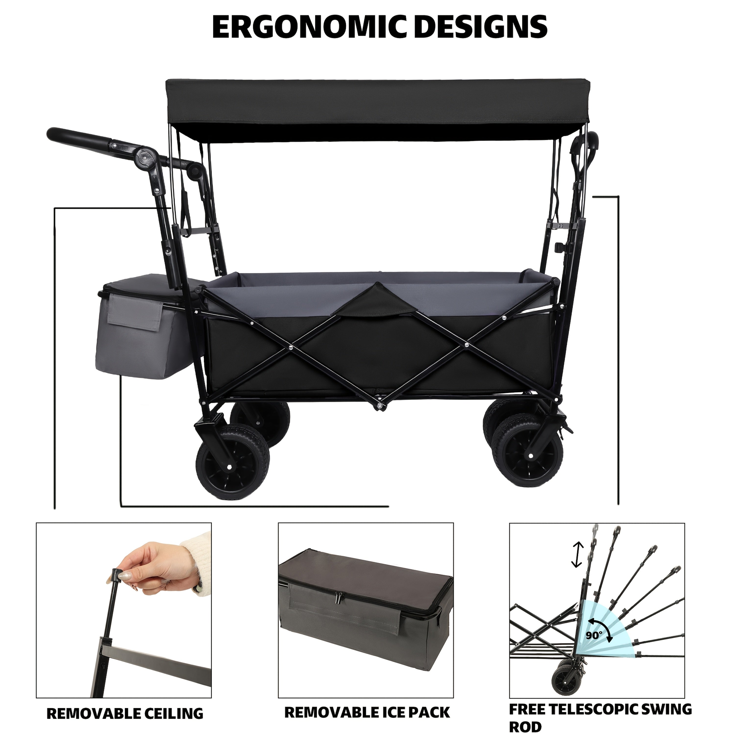 With Push Handle, 780Lbs Collapsible Wagon With Canopy, Wagon Cart With 7" All-Terrain Wheels, Lightweight Foldable Wagon, Large Capacity For Camping, Shopping, Sports, And Garden Use