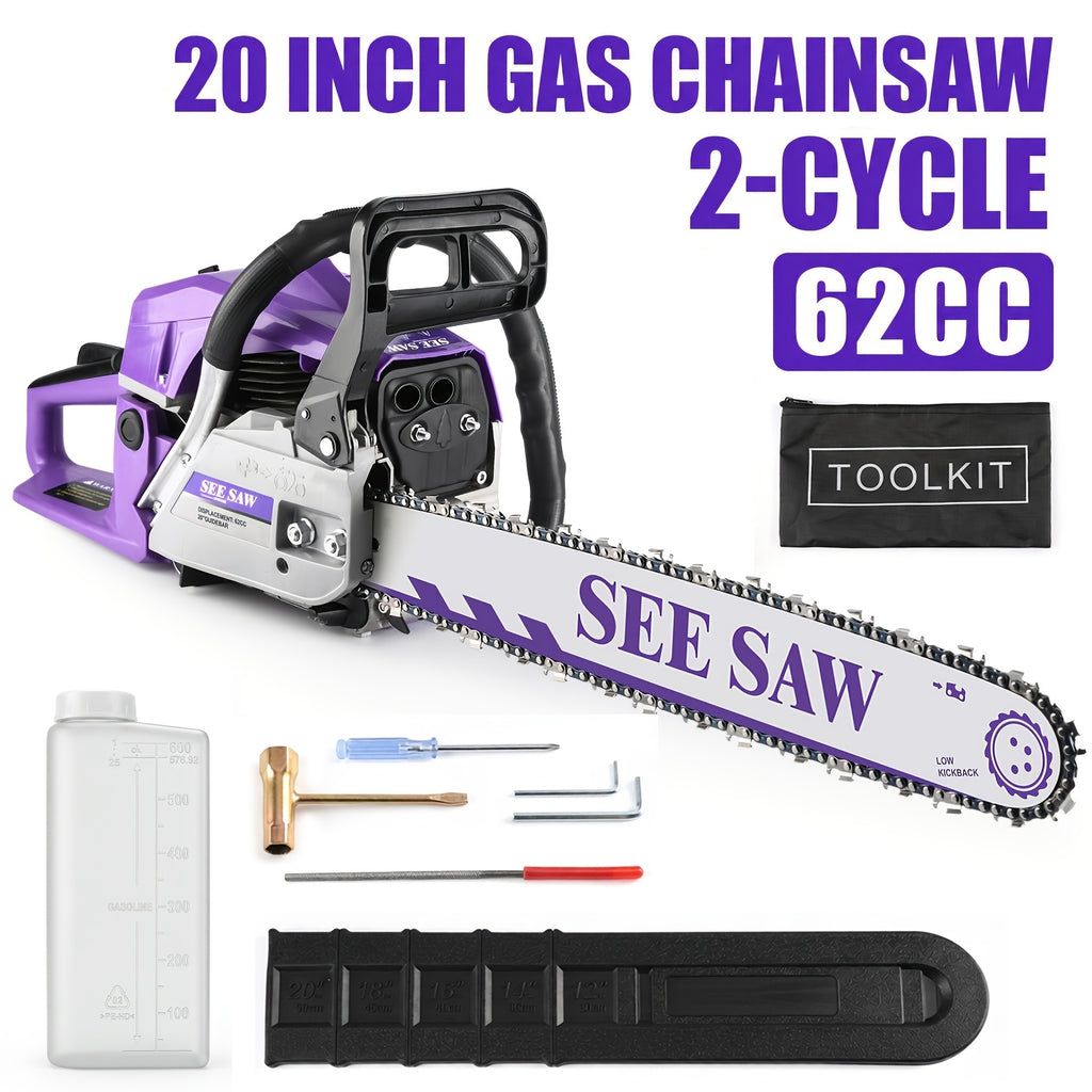 62CC Gas Chainsaw, 20 Inch Guide Bar, Compatible With 18-22 Inch Bar, Powerful 2-Stroke Engine, Anti-Vibration Handle, Complete Accessories, Efficient Wood Cutting, Low Noise Safe Operation For Logging, Ranch & Professional Farm Work, Ideal Gift