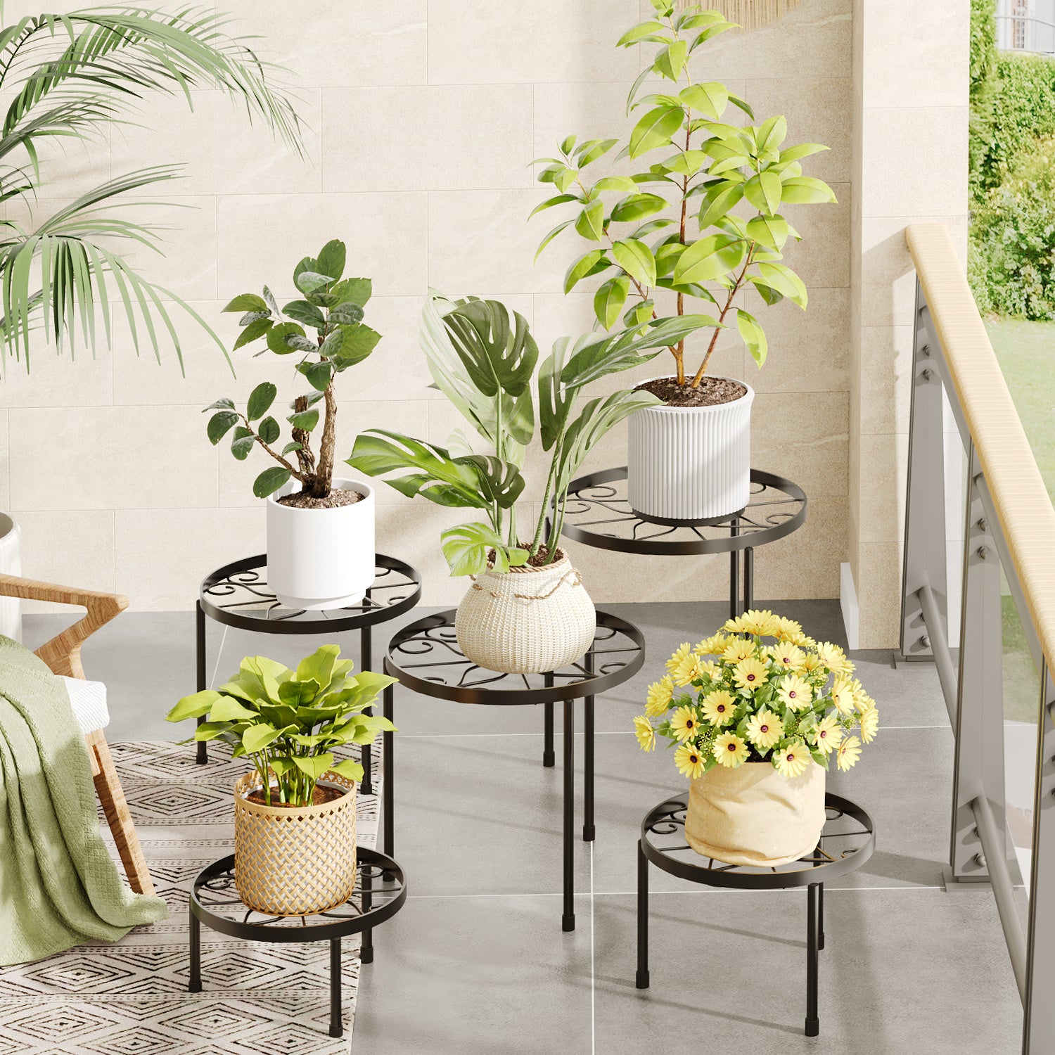 WHONLINE 5pcs Set Black Metal Plant Stand With Heavy-duty Design And Thickened Rust-proof Baking Paint Process. Suitable For Various Flower Pot Accessories, Ideal For Living Rooms, Balconies, Courtyards, And Outdoor Plant Stands And Storage