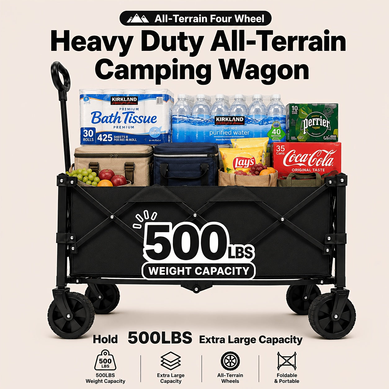 Pink Foldable Wagon Cart, Heavy Duty Collapsible Utility Wagon with Adjustable Handle & All-Terrain Wheels, Perfect for Camping, Picnic, Beach Days, Shopping And Outdoor Activities