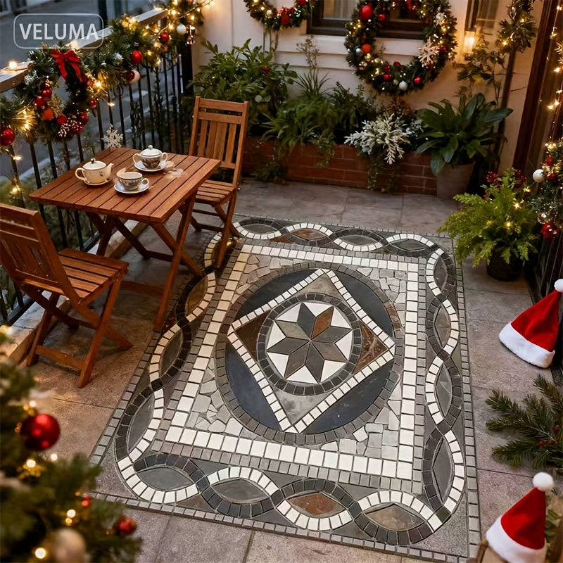 1pc Bohemian Style Retro Marble Print Outdoor Mat, Heavyweight 850gsm Crystal Velvet, Soft & Non-Slip for Christmas/Halloween Patio, Garden, Camping, RV, Beach Party Decor