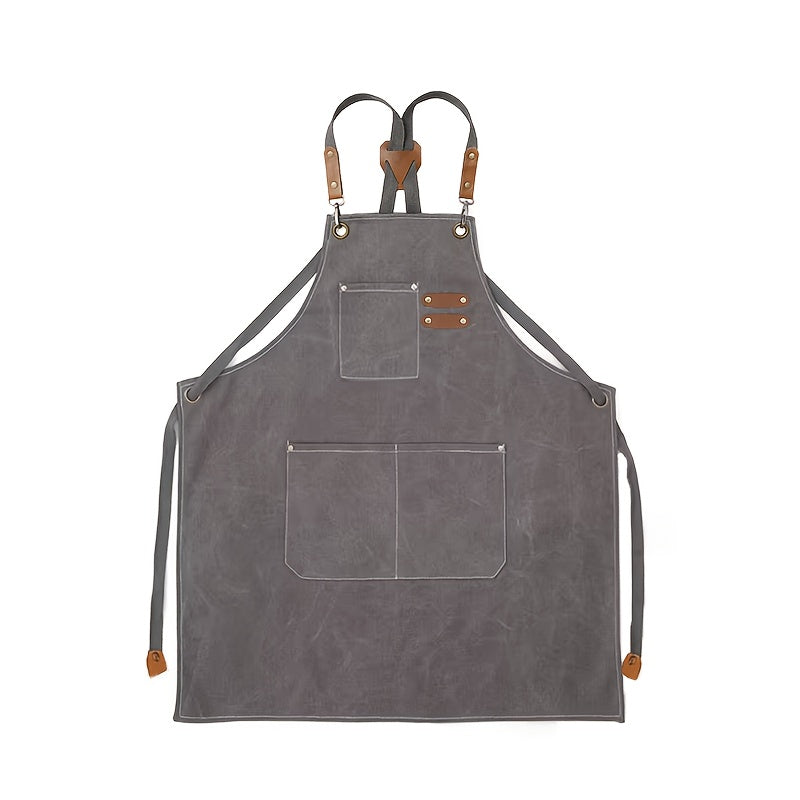 Men And Women's Cross-back Apron, Made Of Canvas with Material, Suitable for Outdoor Barbecues, Outdoor Work, Art Painting And Gardening. It Has 3 Tool Pockets And Adjustable Fastening.