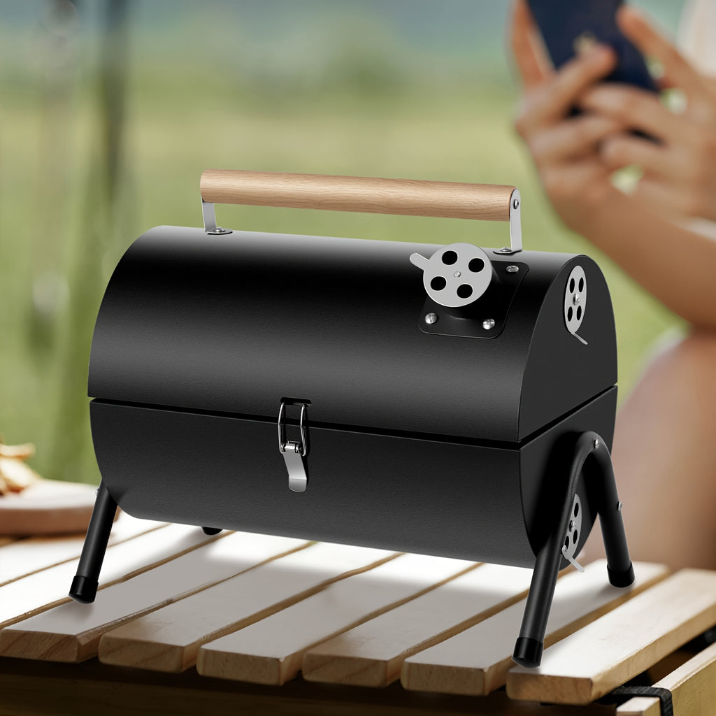 1pc Compact Portable Barrel Charcoal BBQ Grill with Double-Sided Griddle, Foldable Outdoor Smoker Grill for Camping, Cooking, Picnic & Backyard BBQ, Black, Father's Day Gift for Dad, BBQ Gifts for Men